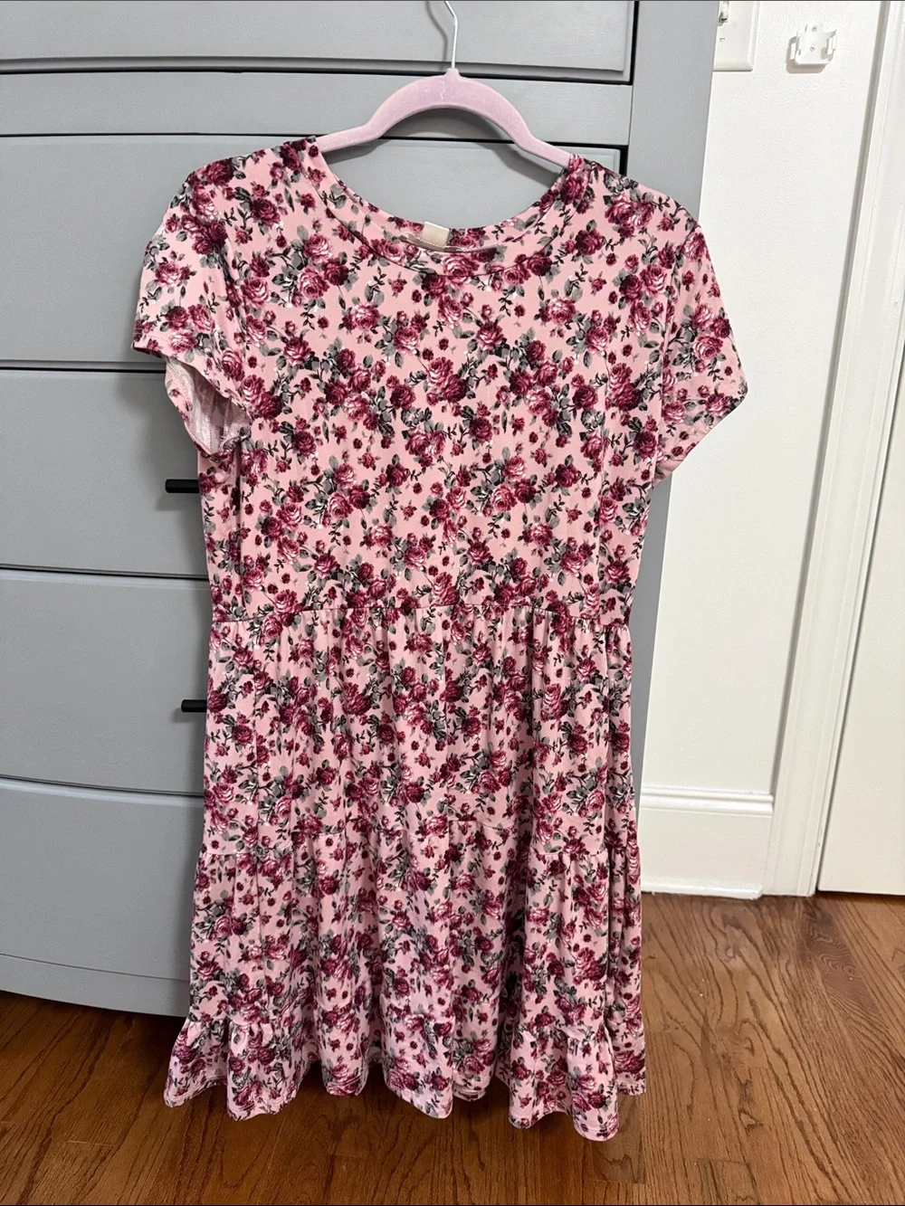 Knitworks Pink Floral Tiered Short-Sleeve Dress